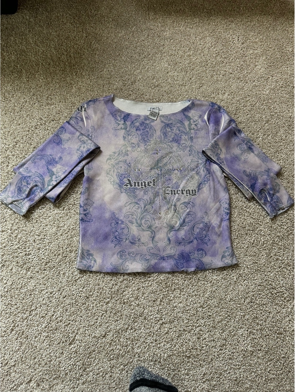 Angel Energy purple printed 3/4 sleeve top